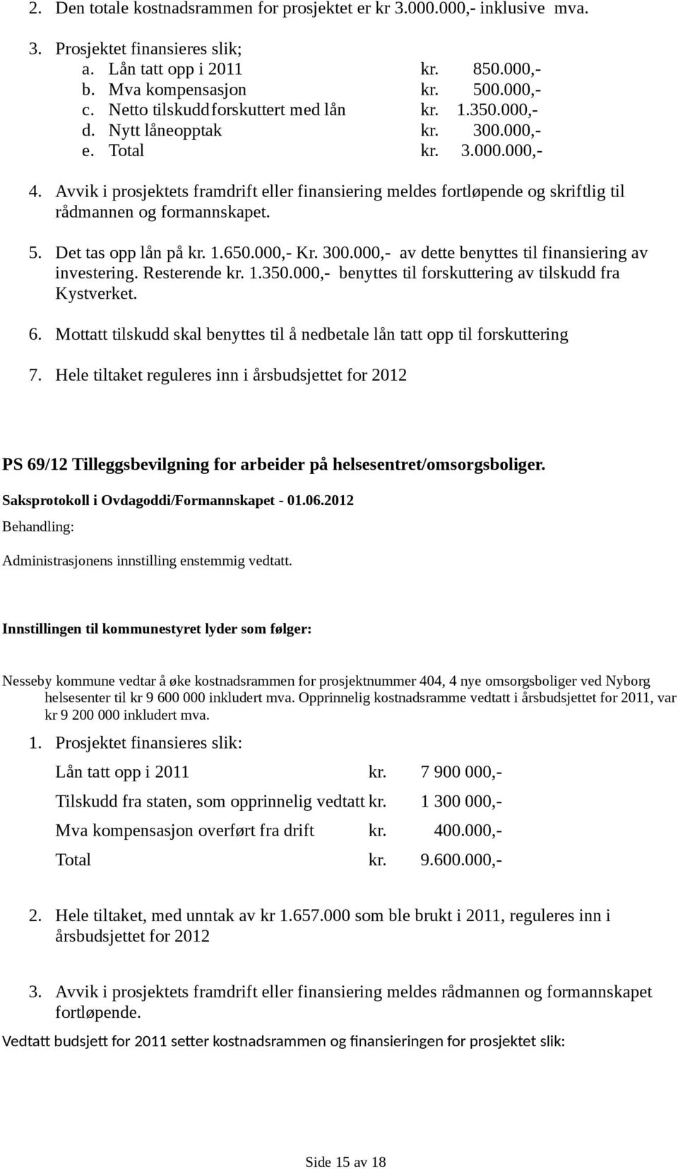 Avvik i prosjektets framdrift eller finansiering meldes fortløpende og skriftlig til rådmannen og formannskapet. 5. Det tas opp lån på kr. 1.650.000,- Kr. 300.