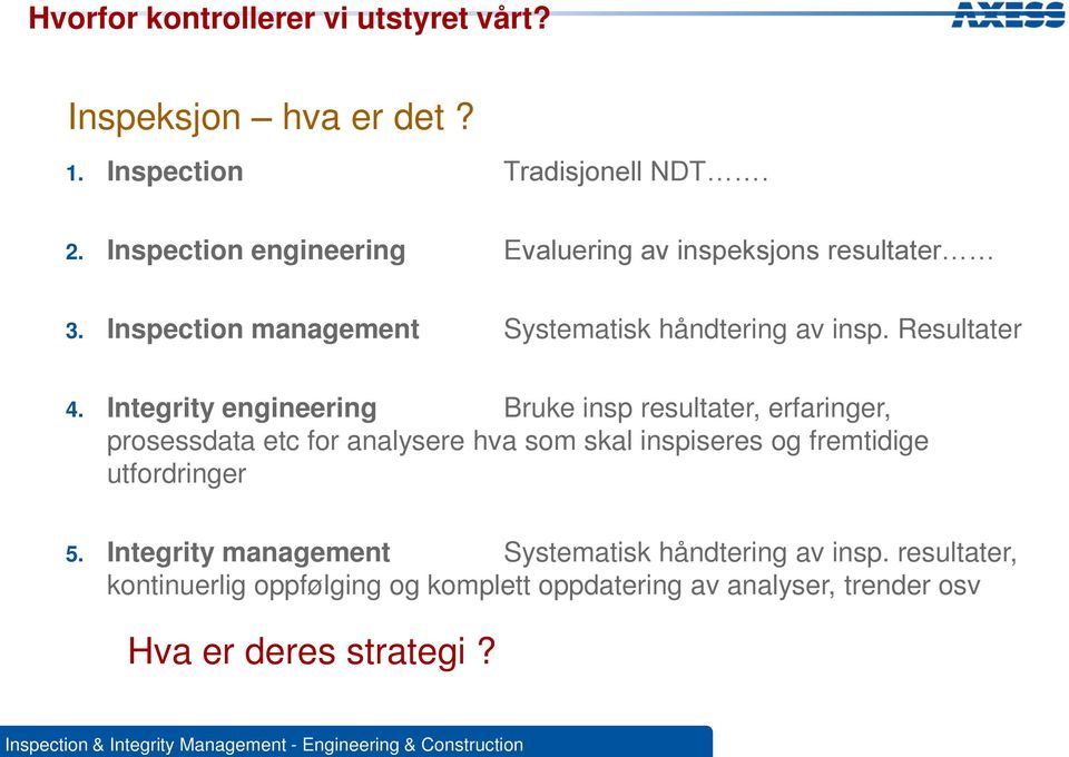 Integrity engineering Bruke insp resultater, erfaringer, prosessdata etc for analysere hva som skal inspiseres og fremtidige