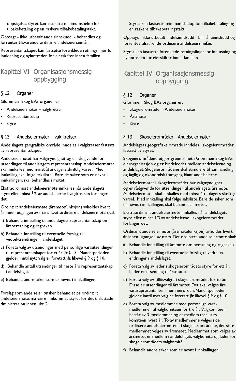 Representantskapet kan fastsette forenklede retningslinjer for innløsning og nyinntreden for eierskifter innen familien Kapittel VI Organisasjonsmessig oppbygging 12 Organer Glommen Skog BAs organer