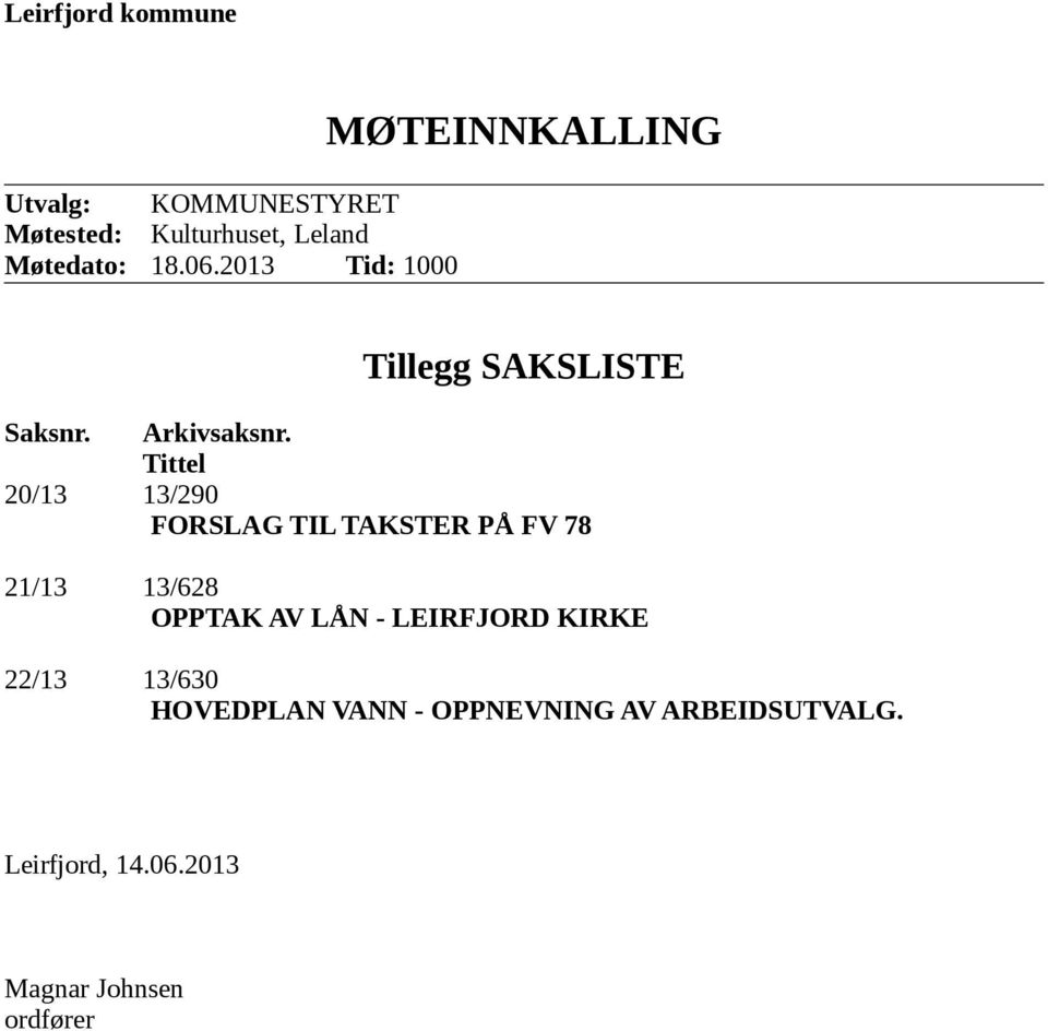 Tittel 20/13 13/290 FORSLAG TIL TAKSTER PÅ FV 78 21/13 13/628 OPPTAK AV LÅN - LEIRFJORD