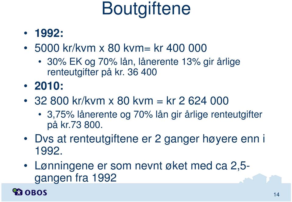 36 400 2010: 32 800 kr/kvm x 80 kvm = kr 2 624 000 3,75% lånerente og 70% lån 73 800.