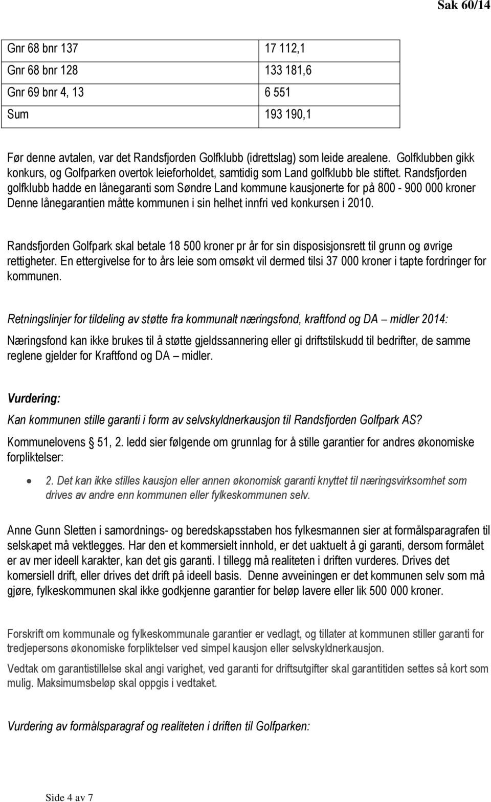 Randsfjorden golfklubb hadde en lånegaranti som Søndre Land kommune kausjonerte for på 800-900 000 kroner Denne lånegarantien måtte kommunen i sin helhet innfri ved konkursen i 2010.