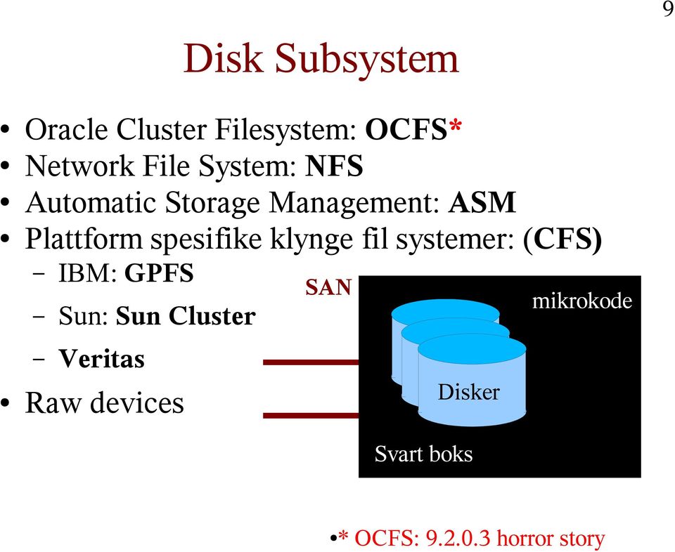 klynge fil systemer: (CFS) IBM: GPFS Sun: Sun Cluster Veritas Raw