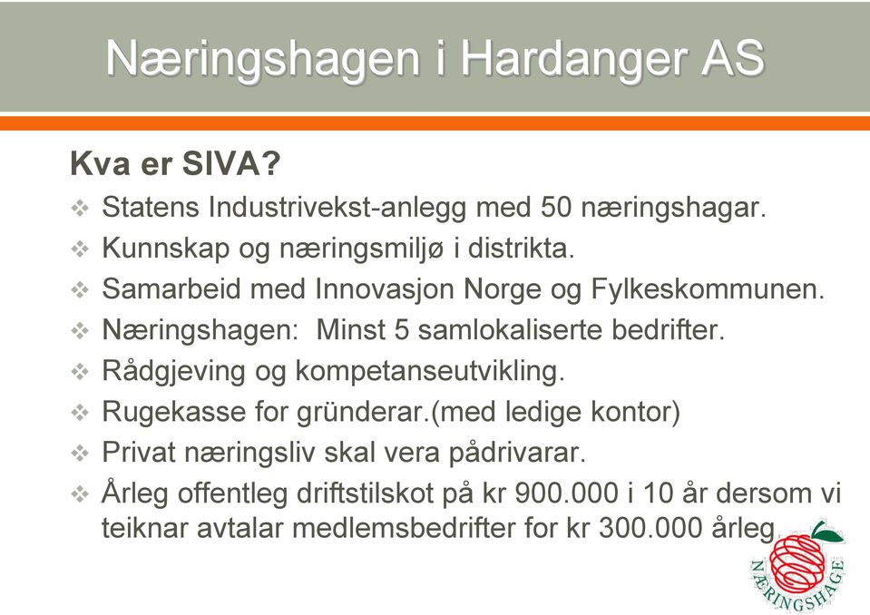 Næringshagen: Minst 5 samlokaliserte bedrifter. Rådgjeving og kompetanseutvikling. Rugekasse for gründerar.