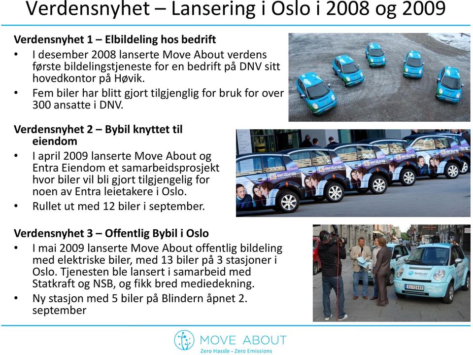 Verdensnyhet 2 Bybil knyttet til eiendom I april 2009 lanserte Move About og Entra Eiendom et samarbeidsprosjekt hvor biler vil bli gjort tilgjengelig for noen av Entra leietakere i Oslo.