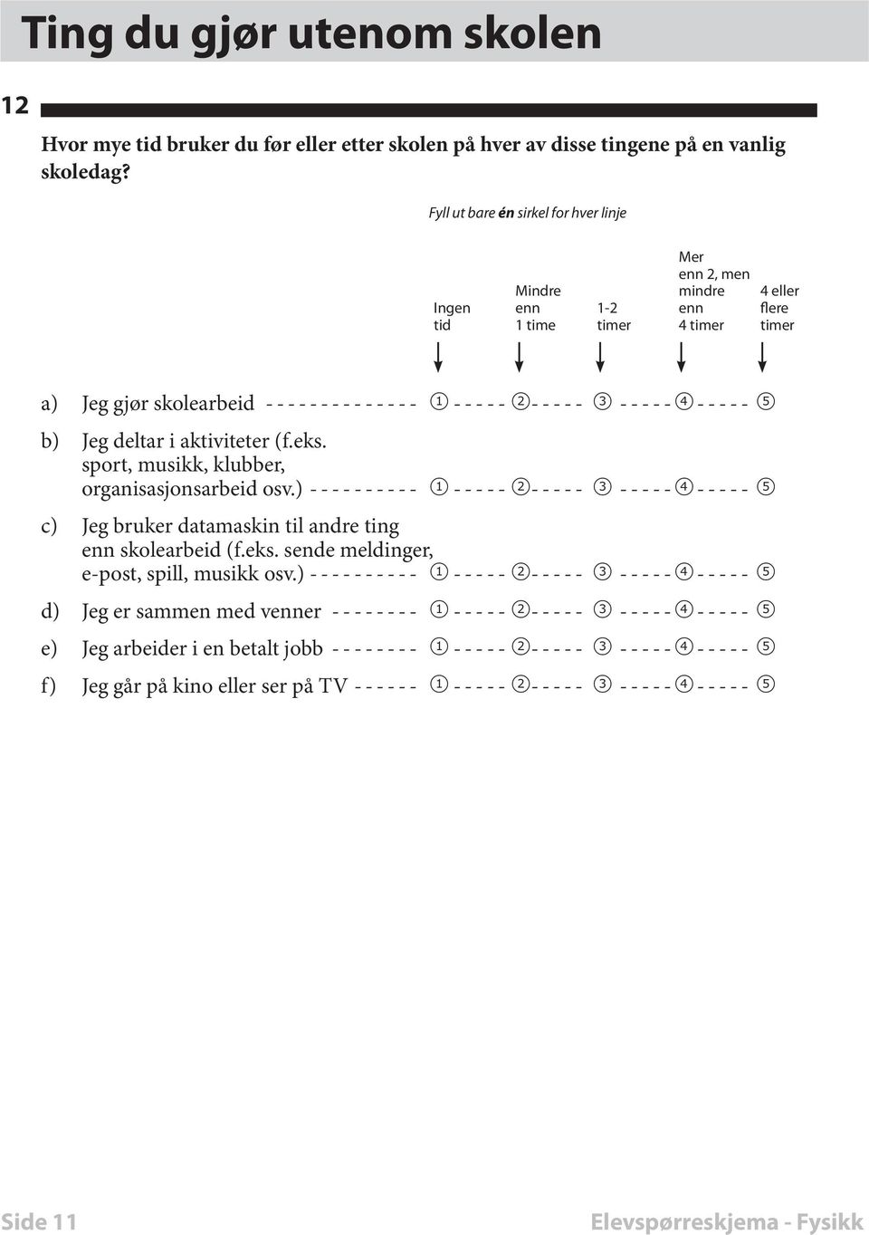 aktiviteter (f.eks. sport, musikk, klubber, organisasjonsarbeid osv.) ---------- 1 ----- 2----- 3 -----4 ----- 5 c) Jeg bruker datamaskin til andre ting enn skolearbeid (f.eks. sende meldinger, e-post, spill, musikk osv.