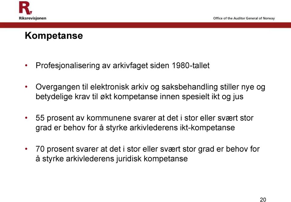 kommunene svarer at det i stor eller svært stor grad er behov for å styrke arkivlederens ikt-kompetanse