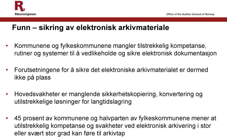 Hovedsvakheter er manglende sikkerhetskopiering, konvertering og utilstrekkelige løsninger for langtidslagring 45 prosent av kommunene og