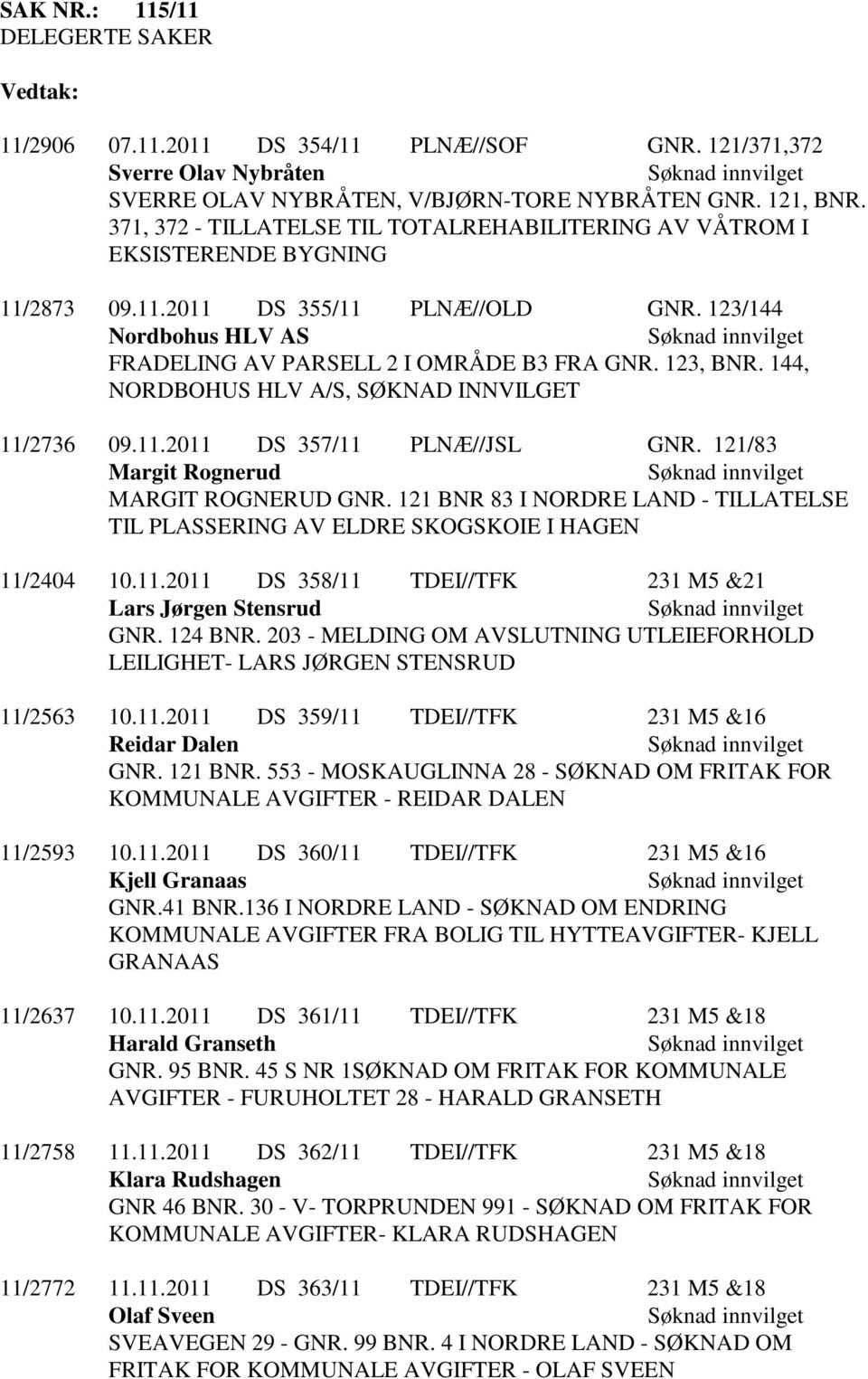 123, BNR. 144, NORDBOHUS HLV A/S, SØKNAD INNVILGET 11/2736 09.11.2011 DS 357/11 PLNÆ//JSL GNR. 121/83 Margit Rognerud MARGIT ROGNERUD GNR.
