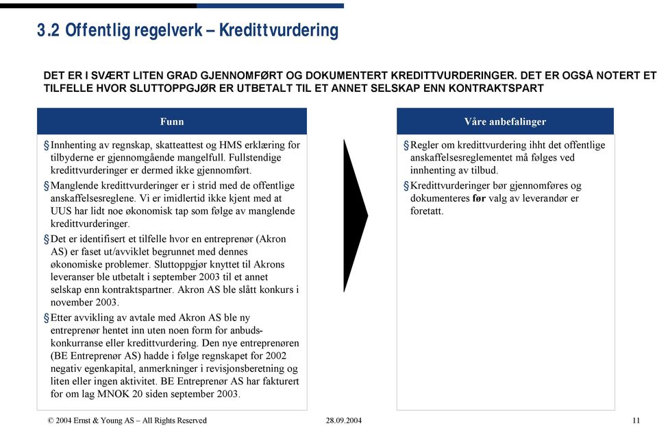 mangelfull. Fullstendige kredittvurderinger er dermed ikke gjennomført. Manglende kredittvurderinger er i strid med de offentlige anskaffelsesreglene.