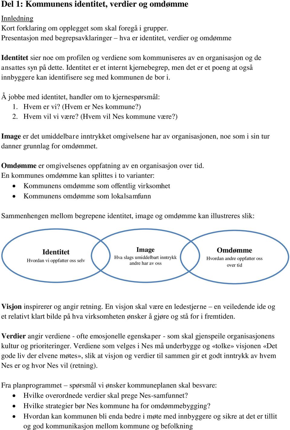 Identitet er et internt kjernebegrep, men det er et poeng at også innbyggere kan identifisere seg med kommunen de bor i. Å jobbe med identitet, handler om to kjernespørsmål: 1. Hvem er vi?