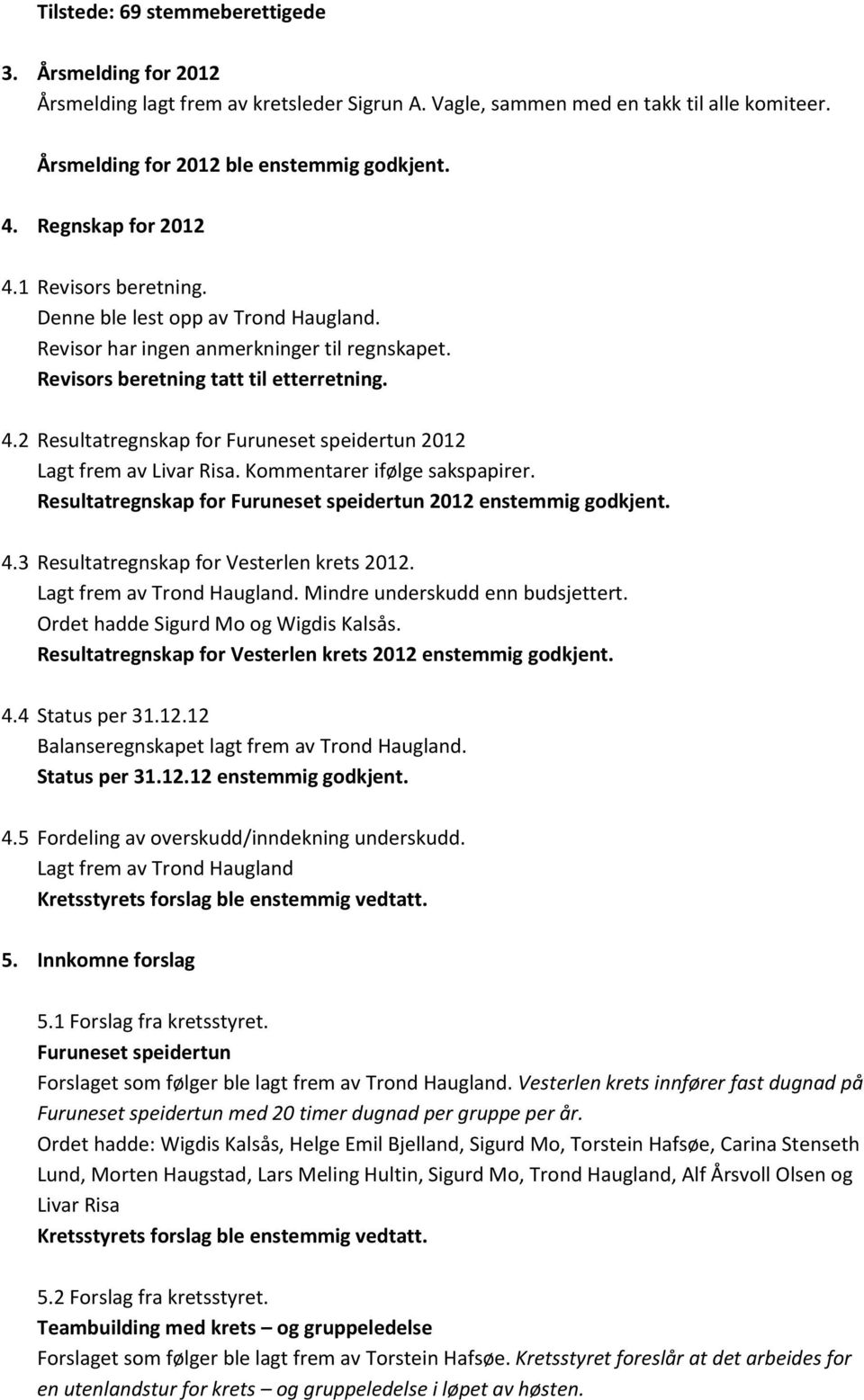 Kommentarer ifølge sakspapirer. Resultatregnskap for Furuneset speidertun 2012 enstemmig godkjent. 4.3 Resultatregnskap for Vesterlen krets 2012. Lagt frem av Trond Haugland.