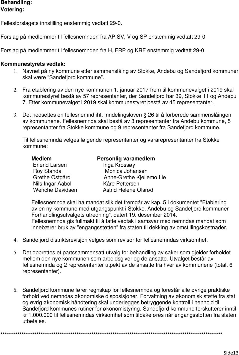 bestå av 57 representanter, der Sandefjord har 39, Stokke 11 og Andebu av kommunene.