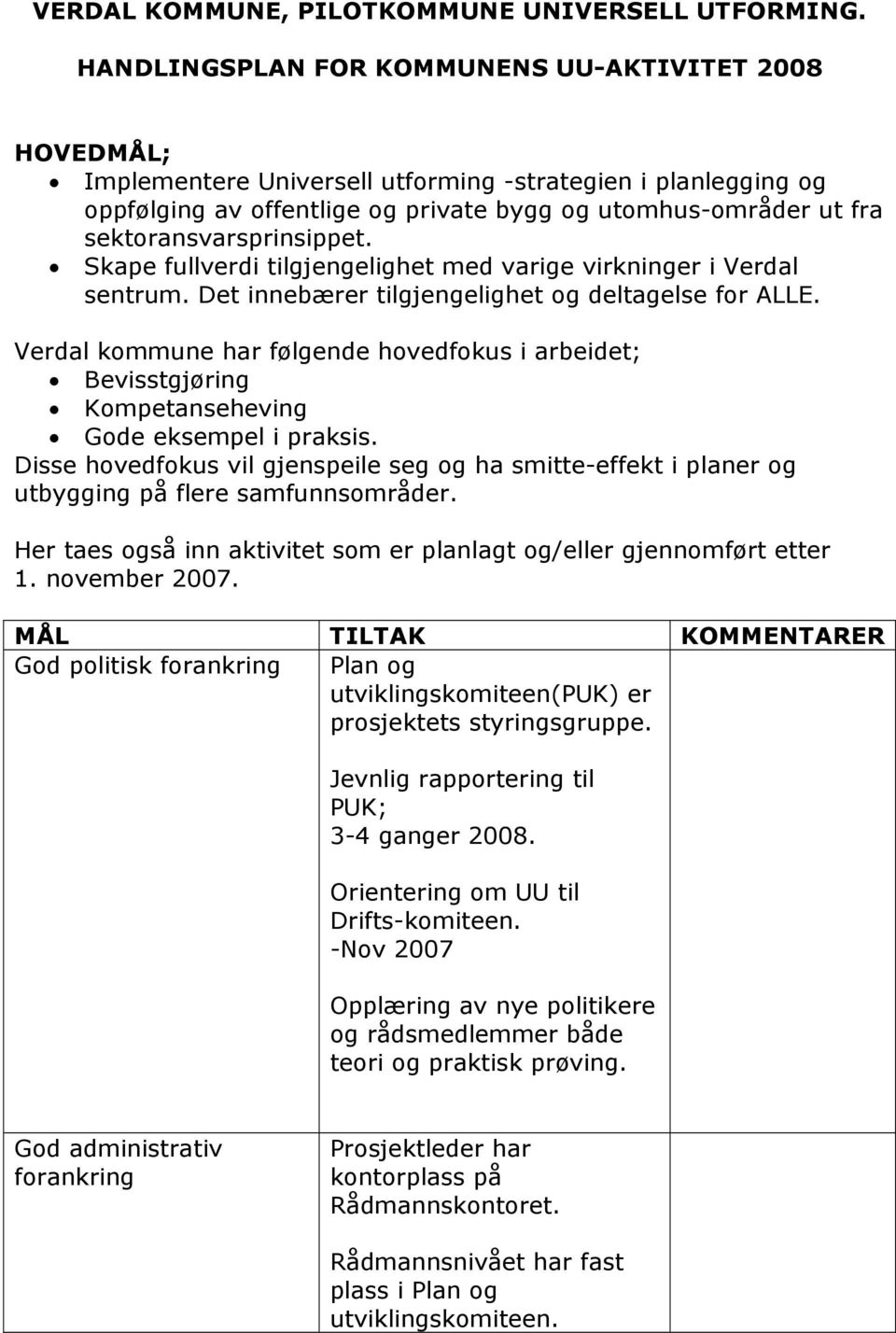 sektoransvarsprinsippet. Skape fullverdi tilgjengelighet med varige virkninger i Verdal sentrum. Det innebærer tilgjengelighet og deltagelse for ALLE.