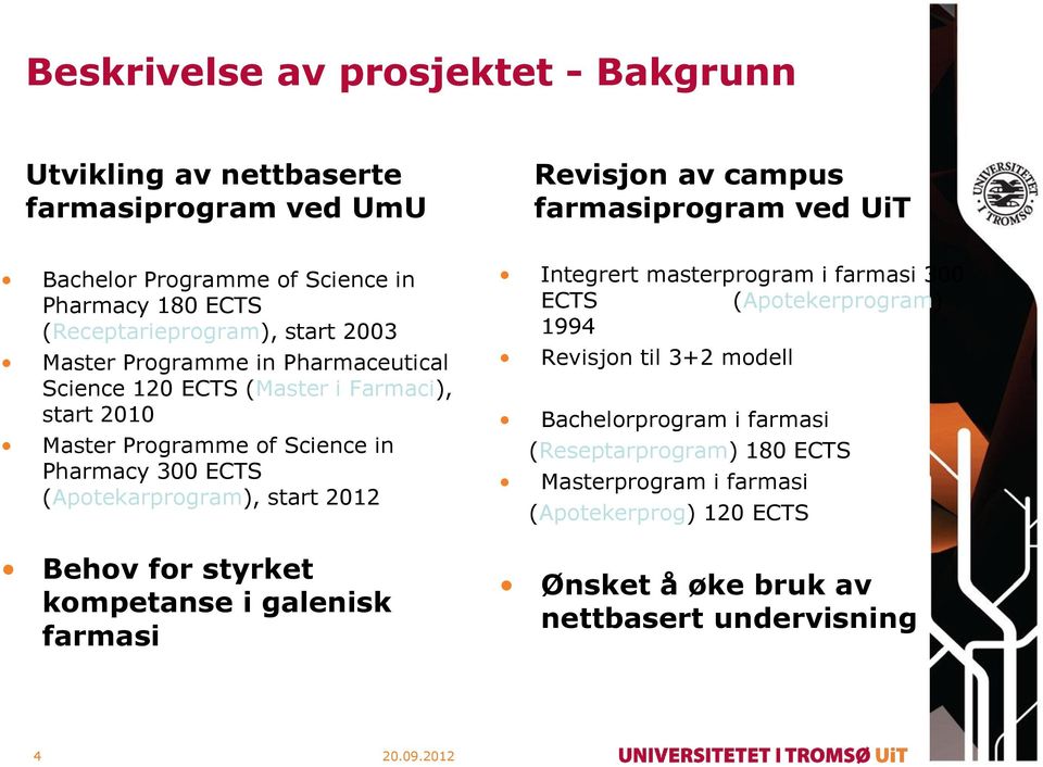 2012 Behov for styrket kompetanse i galenisk farmasi Revisjon av campus farmasiprogram ved UiT Integrert masterprogram i farmasi 300 ECTS (Apotekerprogram) 1994