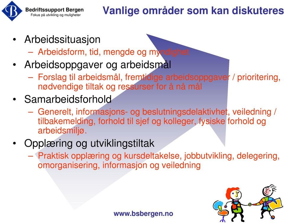 informasjons- og beslutningsdelaktivhet, veiledning / tilbakemelding, forhold til sjef og kolleger, fysiske forhold og arbeidsmiljø.