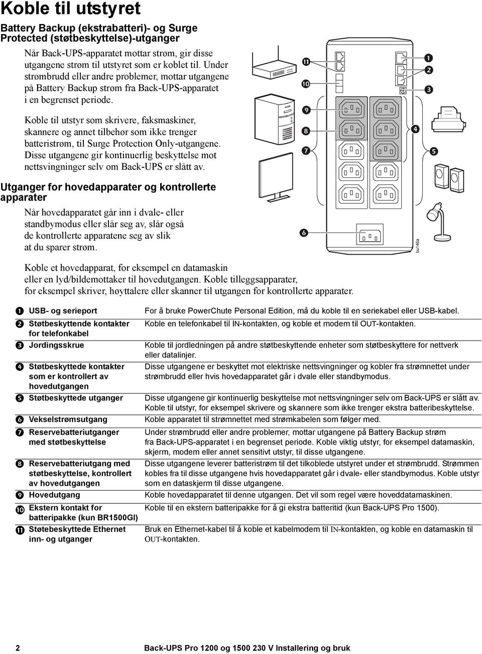 Koble til utstyr som skrivere, faksmaskiner, skannere og annet tilbehør som ikke trenger batteristrøm, til Surge Protection Only-utgangene.