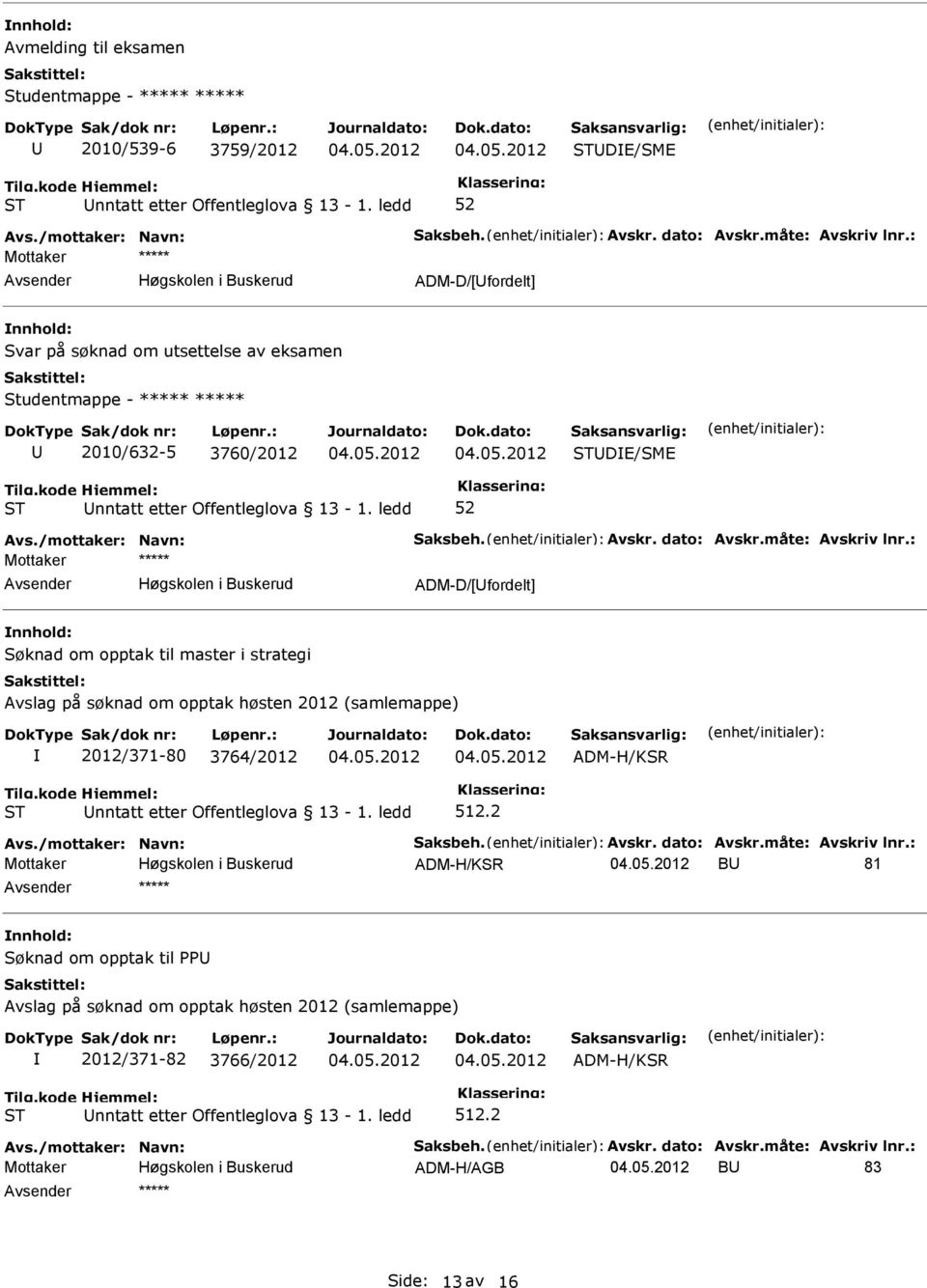 : ADM-D/[fordelt] Søknad om opptak til master i strategi Avslag på søknad om opptak høsten 2012 (samlemappe) 2012/371-80 3764/2012 512.2 Avs./mottaker: Navn: Saksbeh. Avskr.