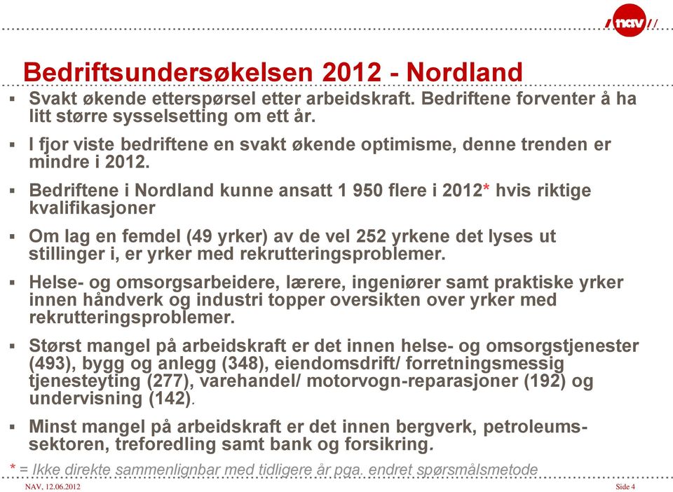 Bedriftene i Nordland kunne ansatt 1 950 flere i 2012* hvis riktige kvalifikasjoner Om lag en femdel (49 yrker) av de vel 252 yrkene det lyses ut stillinger i, er yrker med rekrutteringsproblemer.