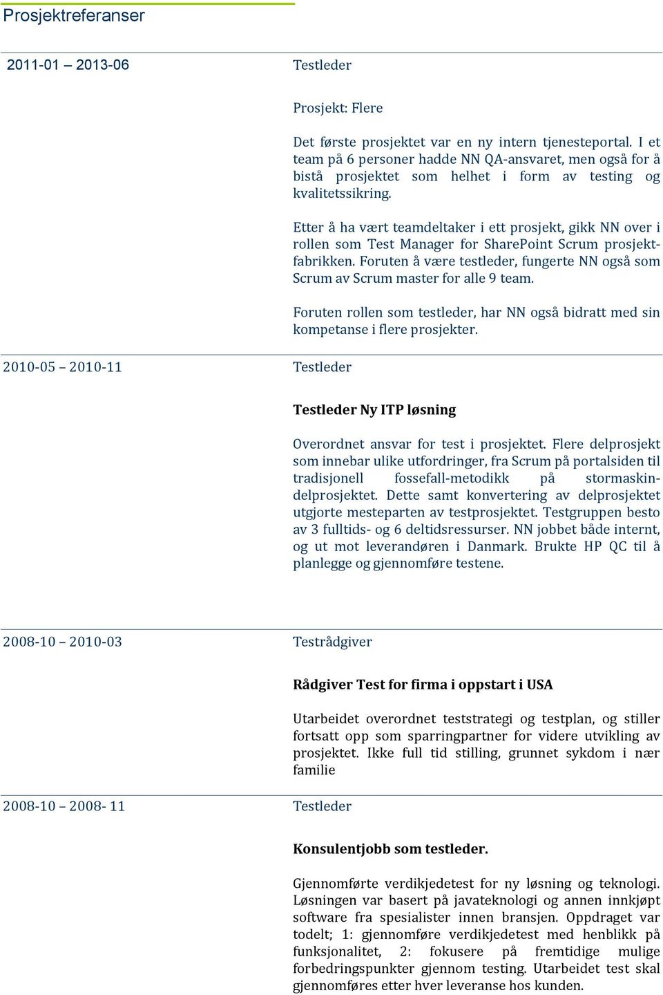 Etter å ha vært teamdeltaker i ett prosjekt, gikk NN over i rollen som Test Manager for SharePoint Scrum prosjektfabrikken.