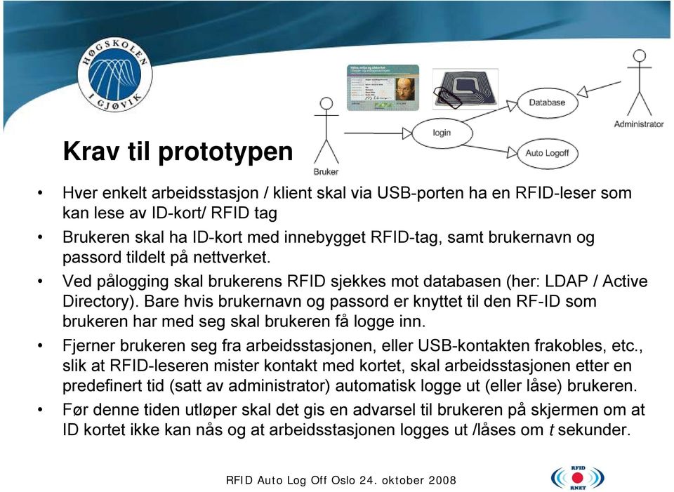 Bare hvis brukernavn og passord er knyttet til den RF-ID som brukeren har med seg skal brukeren få logge inn. Fjerner brukeren seg fra arbeidsstasjonen, eller USB-kontakten frakobles, etc.