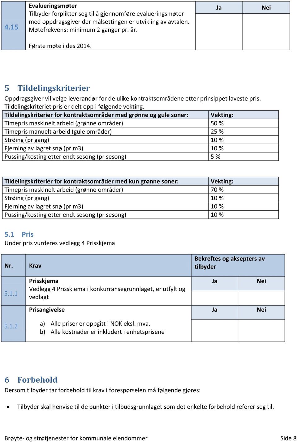 Tildelingskriterier for kontraktsområder med grønne og gule soner: Timepris maskinelt arbeid (grønne områder) 50 % Timepris manuelt arbeid (gule områder) 25 % Strøing (pr gang) 10 % Fjerning av