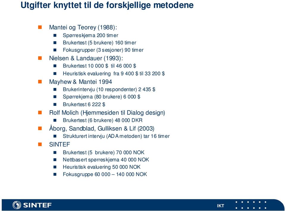 (80 brukere) 6 000 $ Brukertest 6 222 $ Rolf Molich (Hjemmesiden til Dialog design) Brukertest (6 brukere) 48 000 DKR Åborg, Sandblad, Gulliksen & Lif (2003) Strukturert