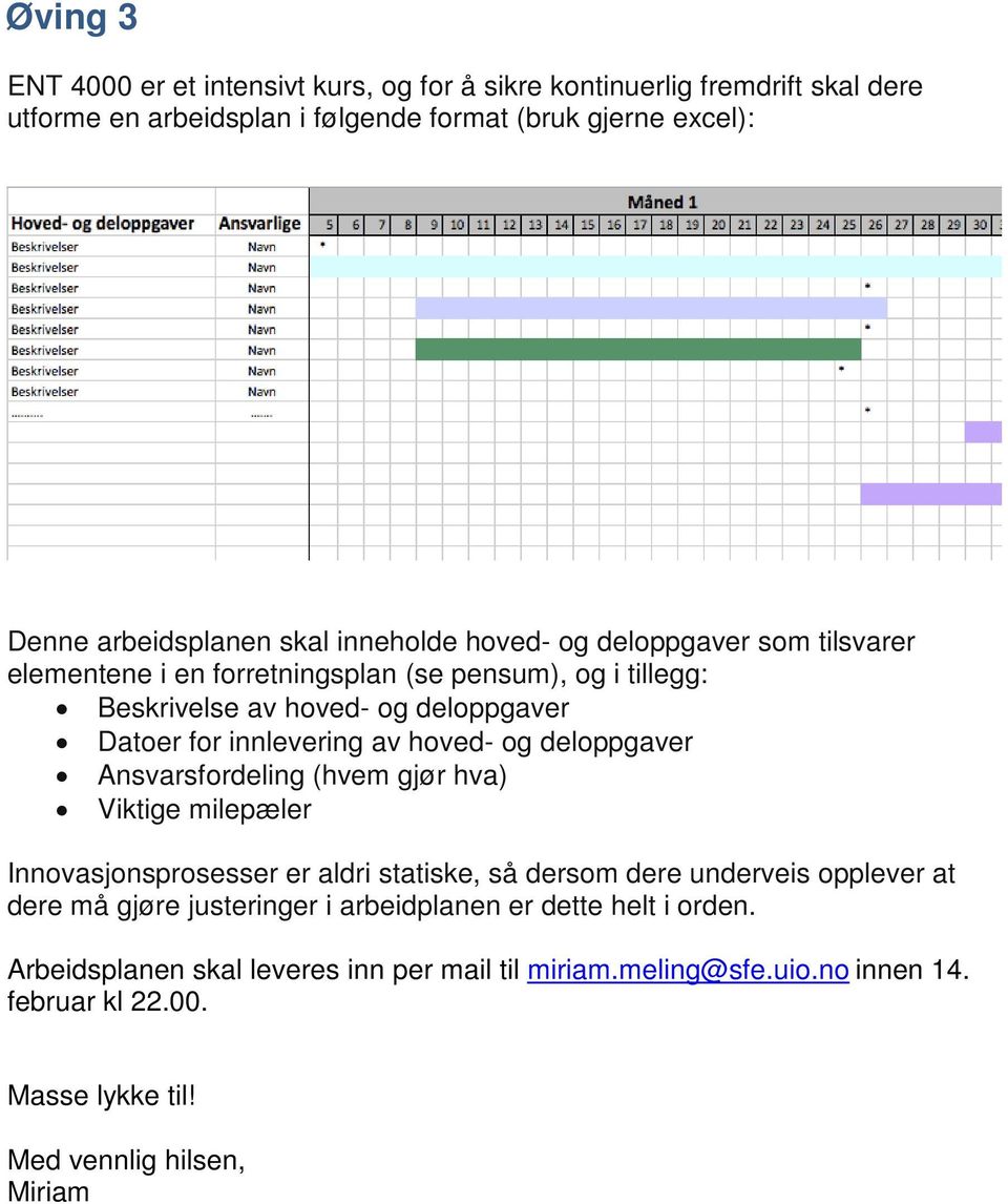 Datoer for innlevering av hoved- og deloppgaver Ansvarsfordeling (hvem gjør hva) Viktige milepæler Innovasjonsprosesser er aldri statiske, så dersom dere