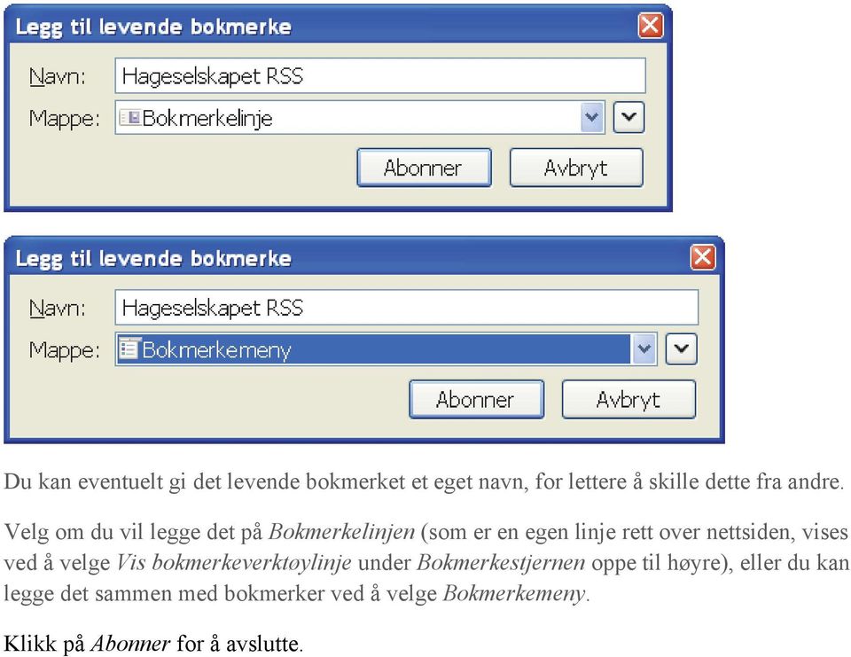 Velg om du vil legge det på Bokmerkelinjen (som er en egen linje rett over nettsiden, vises