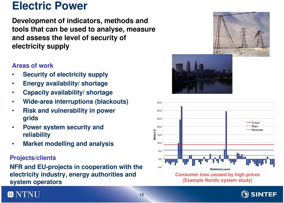 (blackouts) Risk and vulnerability in power grids Power system security and reliability Market modelling and analysis Projects/clients NFR and