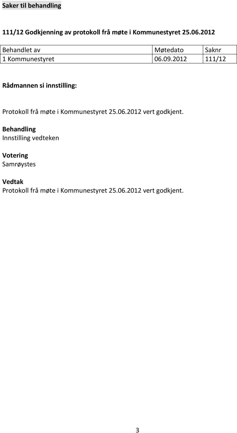 2012 111/12 Protokoll frå møte i Kommunestyret 25.06.