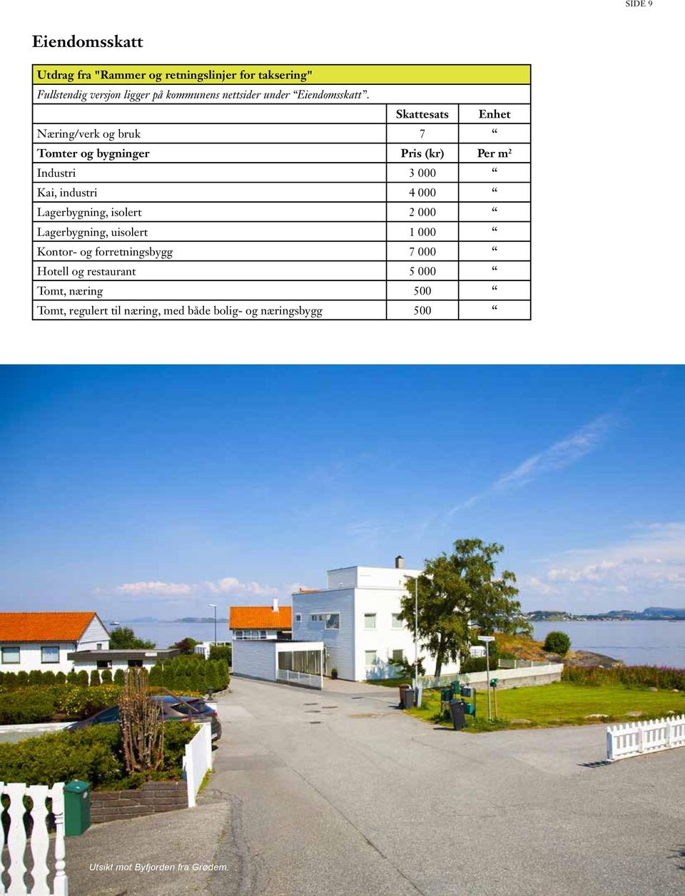 Skattesats Enhet Næring/verk og bruk 7 Tomter og bygninger Pris (kr) Per m 2 Industri 3 000 Kai, industri 4 000