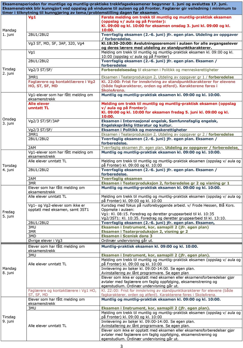 Vg1 Første melding om trekk til muntlig og muntlig-praktisk eksamen (oppslag v/ aula og på Fronter): Kl. 09:00 og kl. 10:00 for eksamen onsdag 3. juni kl. 09:00 og kl. 10:00. 1. juni 2BU1/2BU2 Tverrfaglig eksamen (2.