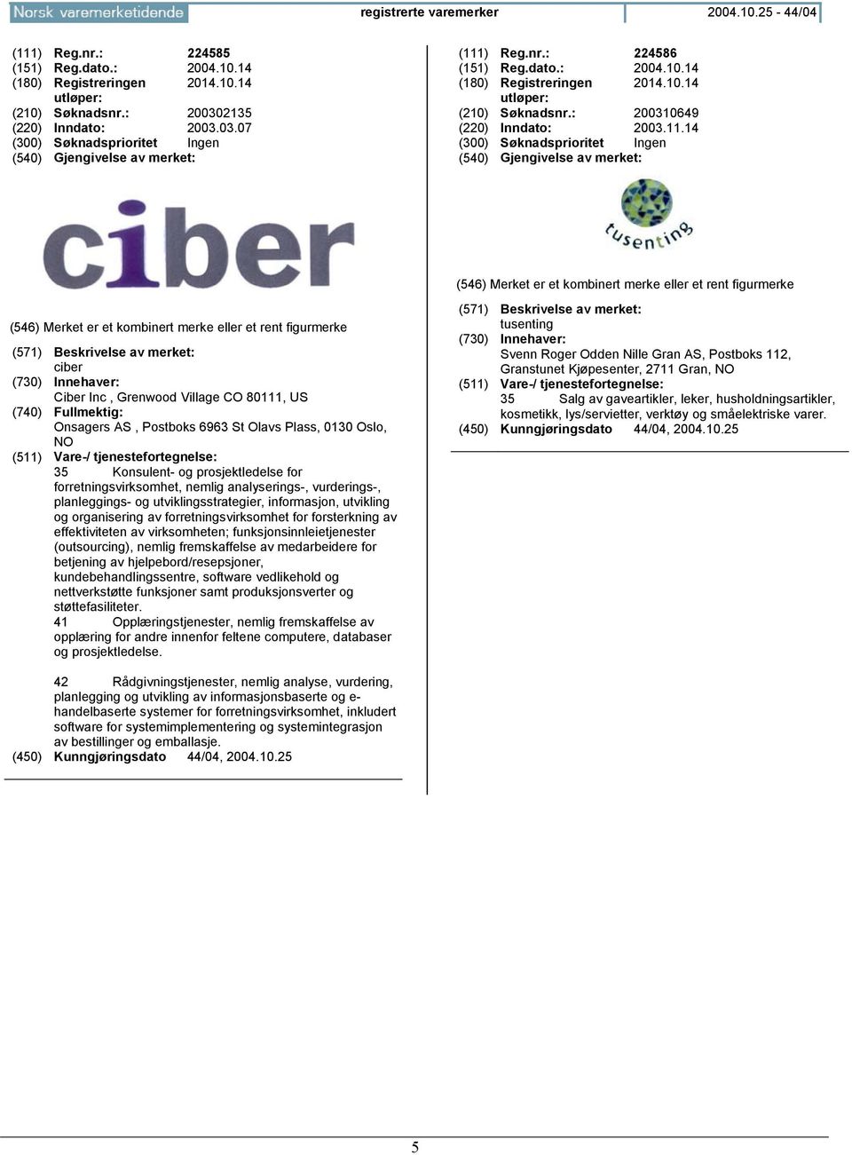 14 ciber Ciber Inc, Grenwood Village CO 80111, US Onsagers AS, Postboks 6963 St Olavs Plass, 0130 Oslo, NO 35 Konsulent- og prosjektledelse for forretningsvirksomhet, nemlig analyserings-,