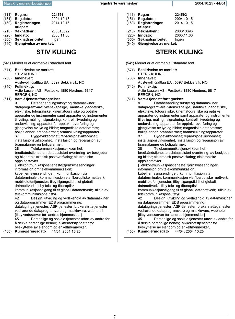 06 STIV KULING STIV KULING Austevoll Kraftlag BA, 5397 Bekkjarvik, NO Actio-Lassen AS, Postboks 1880 Nordnes, 5817 BERGEN, NO 9 Databehandlingsutstyr og datamaskiner; dataprogramvare; vitenskapelige,