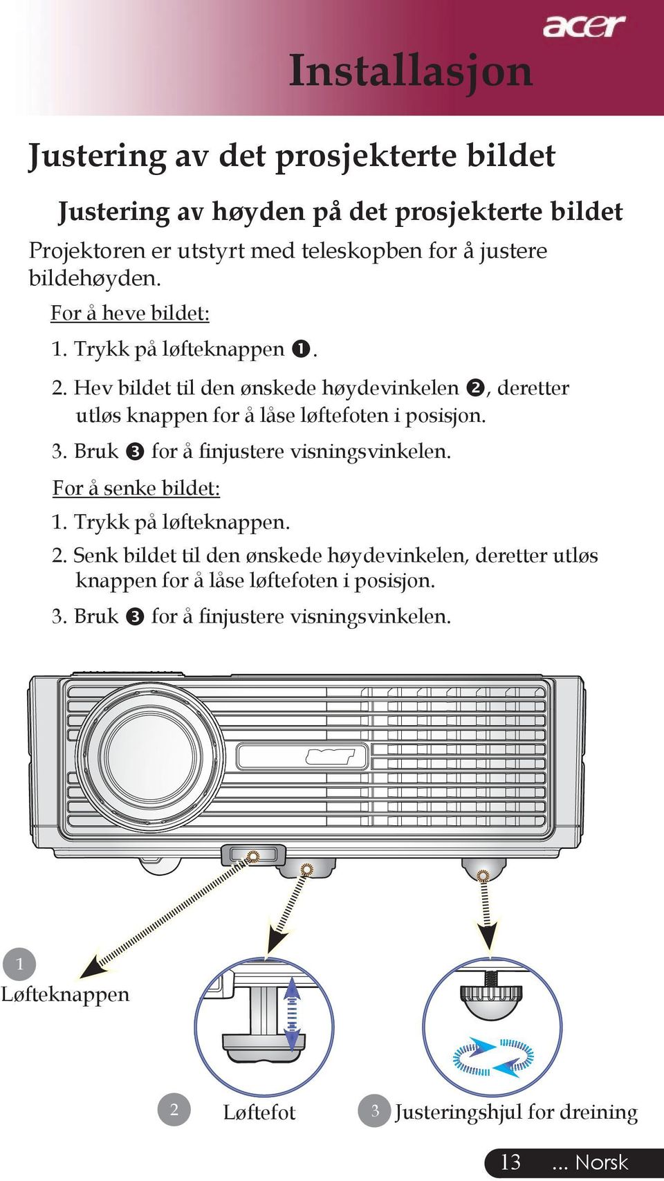 Hev bildet til den ønskede høydevinkelen, deretter utløs knappen for å låse løftefoten i posisjon. 3. Bruk for å finjustere visningsvinkelen.