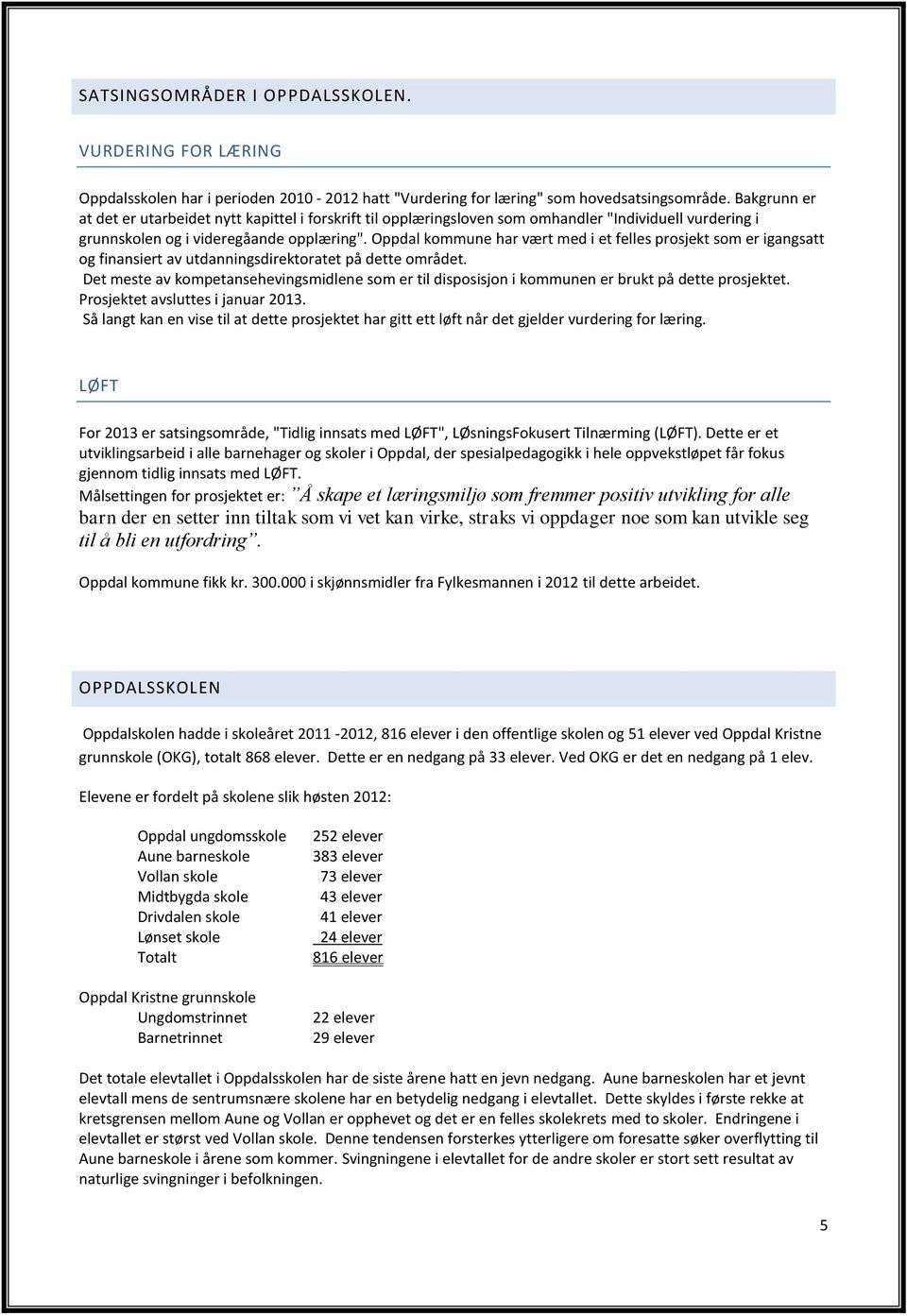 Oppdal kommune har vært med i et felles prosjekt som er igangsatt og finansiert av utdanningsdirektoratet på dette området.