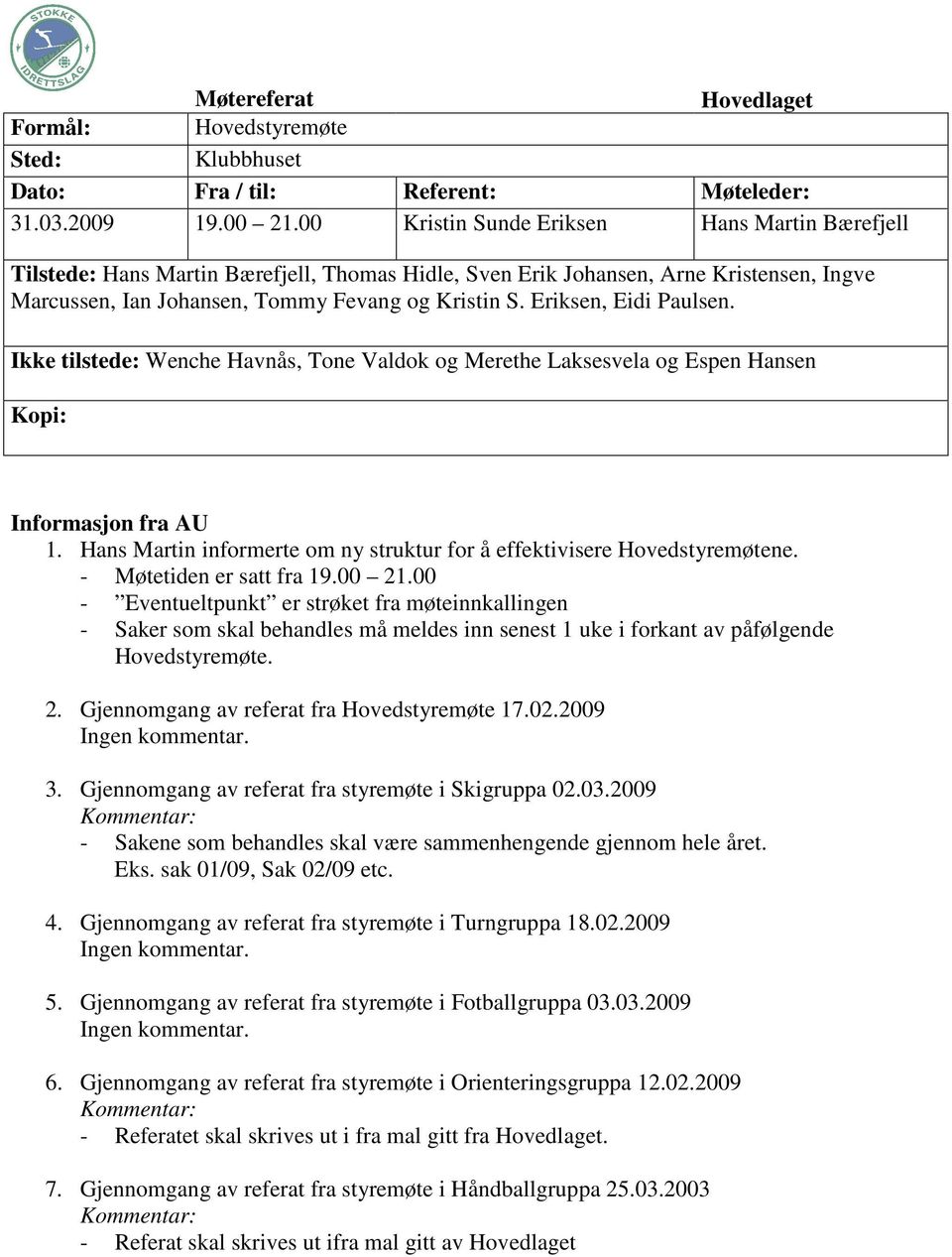 Eriksen, Eidi Paulsen. Ikke tilstede: Wenche Havnås, Tone Valdok og Merethe Laksesvela og Espen Hansen Kopi: Informasjon fra AU 1.