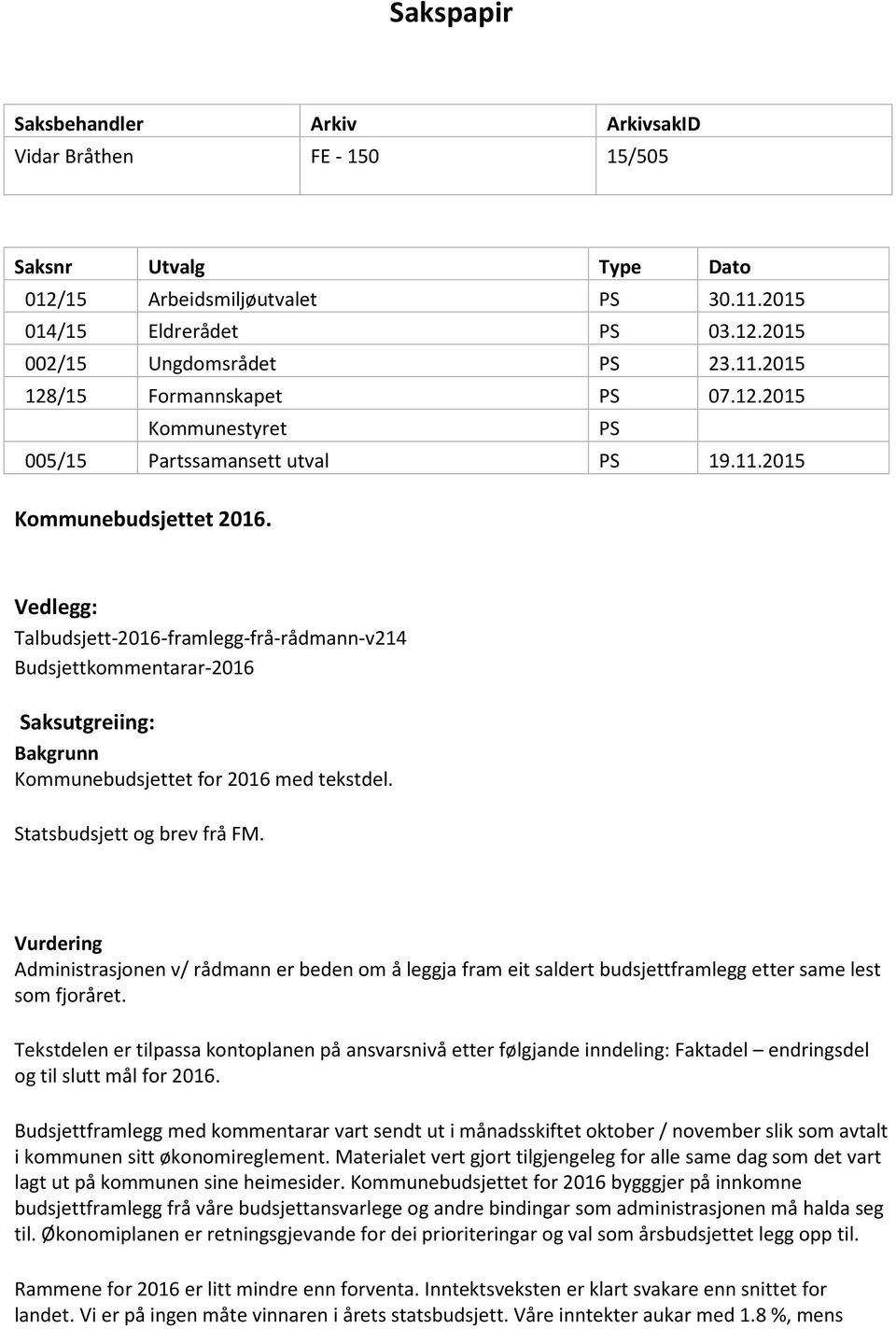 Vedlegg: Talbudsjett-2016-framlegg-frå-rådmann-v214 Budsjettkommentarar-2016 Saksutgreiing: Bakgrunn Kommunebudsjettet for 2016 med tekstdel. Statsbudsjett og brev frå FM.