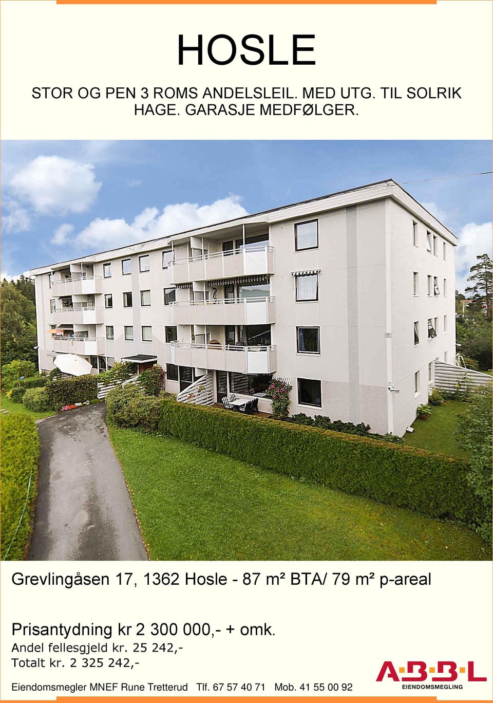 Grevlingåsen 17, 1362 Hosle - 87 m² BTA/ 79 m² p-areal Prisantydning kr 2