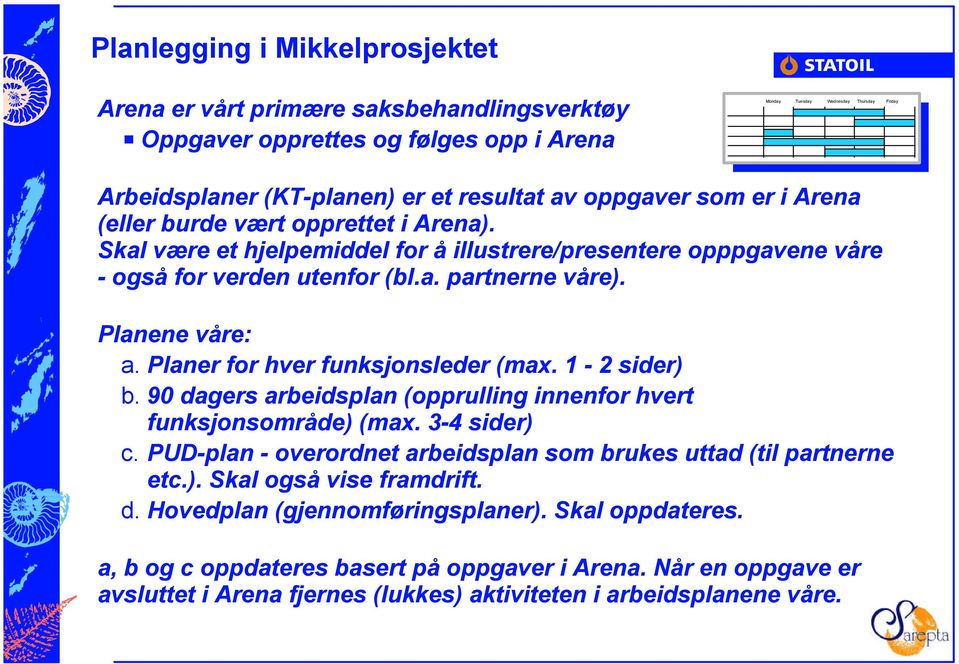 Planene våre: a. Planer for hver funksjonsleder (max. 1-2 sider) b. 90 dagers arbeidsplan (opprulling innenfor hvert funksjonsområde) (max. 3-4 sider) c.