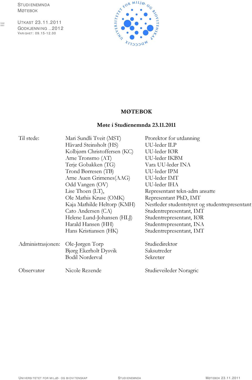 Christoffersen (KC) UU-leder IØR Arne Tronsmo (AT) UU-leder IKBM Terje Gobakken (TG) Vara UU-leder INA Trond Børresen (TB) UU-leder IPM Arne Auen Grimenes(AAG) UU-leder IMT Odd Vangen (OV) UU-leder