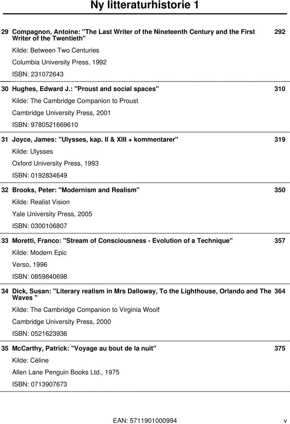 II & XIII + kommentarer" 319 Kilde: Ulysses Oxford University Press, 1993 ISBN: 0192834649 32 Brooks, Peter: "Modernism and Realism" 350 Kilde: Realist Vision Yale University Press, 2005 ISBN: