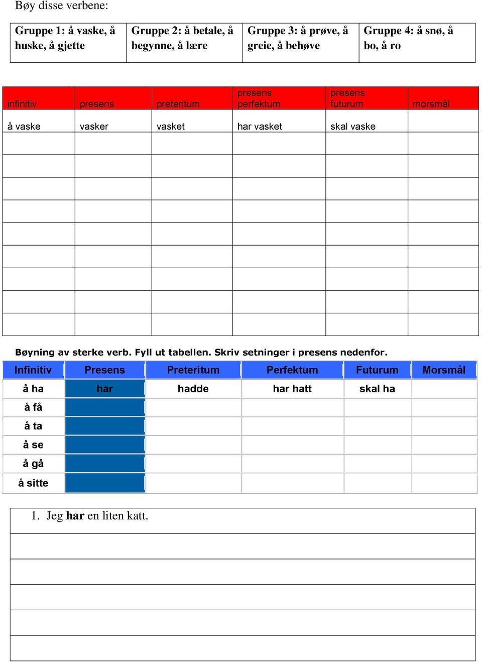 vasket har vasket skal vaske Bøyning av sterke verb. Fyll ut tabellen. Skriv setninger i presens nedenfor.
