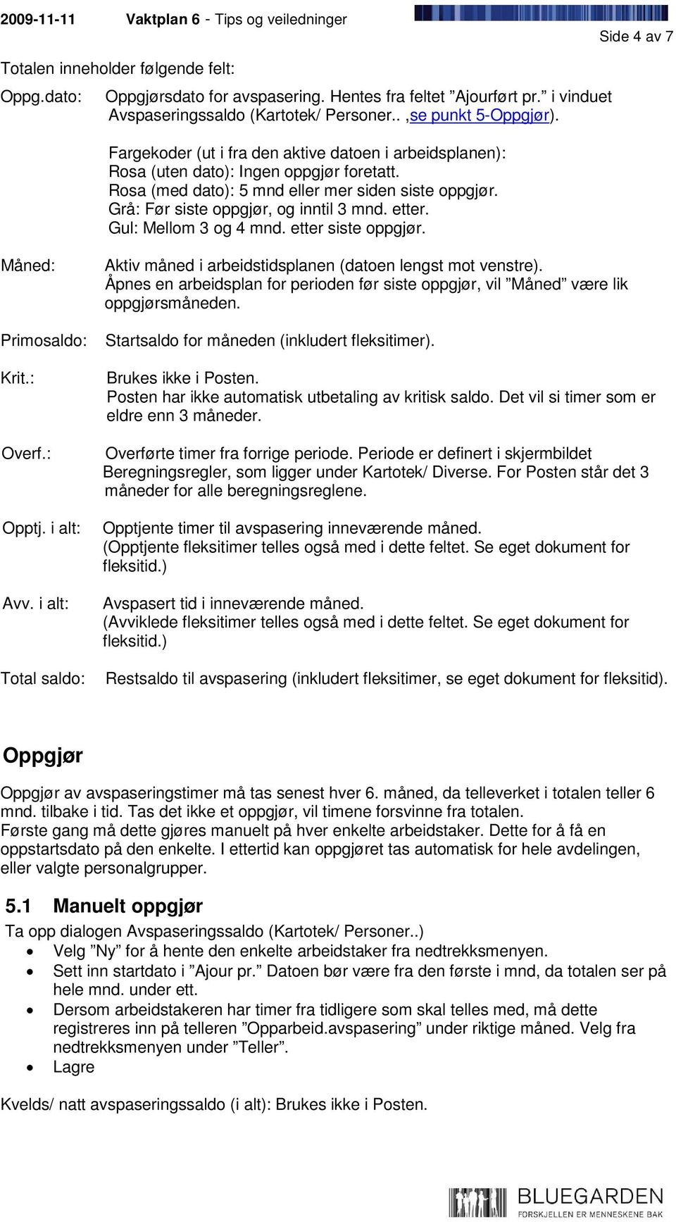 Gul: Mellom 3 og 4 mnd. etter siste oppgjør. Måned: Primosaldo: Krit.: Overf.: Opptj. i alt: Avv. i alt: Total saldo: Aktiv måned i arbeidstidsplanen (datoen lengst mot venstre).