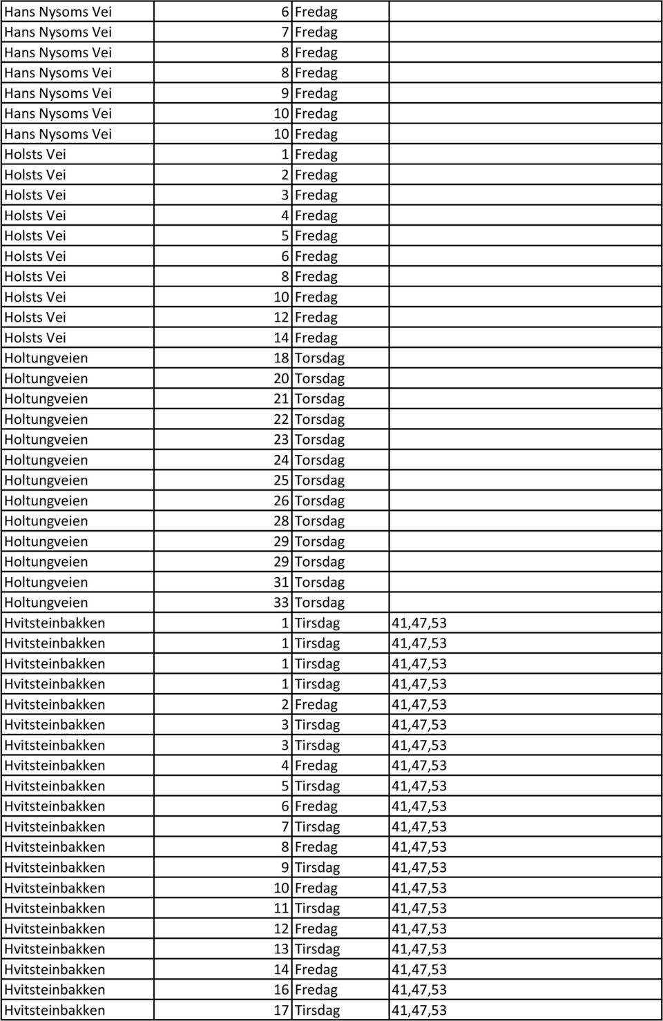 Torsdag Hvitsteinbakken 1 Tirsdag 41,47,53 Hvitsteinbakken 1 Tirsdag 41,47,53 Hvitsteinbakken 1 Tirsdag 41,47,53 Hvitsteinbakken 1 Tirsdag 41,47,53 Hvitsteinbakken 2 Fredag 41,47,53 Hvitsteinbakken 3