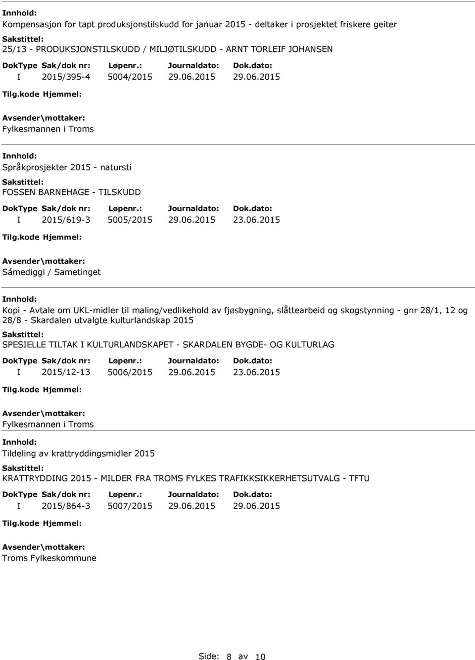 2015 Sámediggi / Sametinget nnhold: Kopi - Avtale om KL-midler til maling/vedlikehold av fjøsbygning, slåttearbeid og skogstynning - gnr 28/1, 12 og 28/8 - Skardalen utvalgte