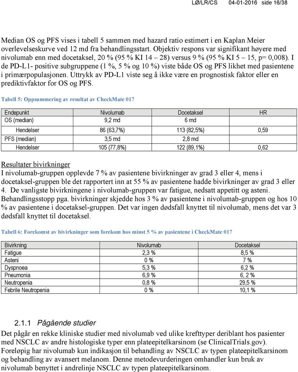 I de PD-L1- positive subgruppene (1 %, 5 % og 10 %) viste både OS og PFS likhet med pasientene i primærpopulasjonen.