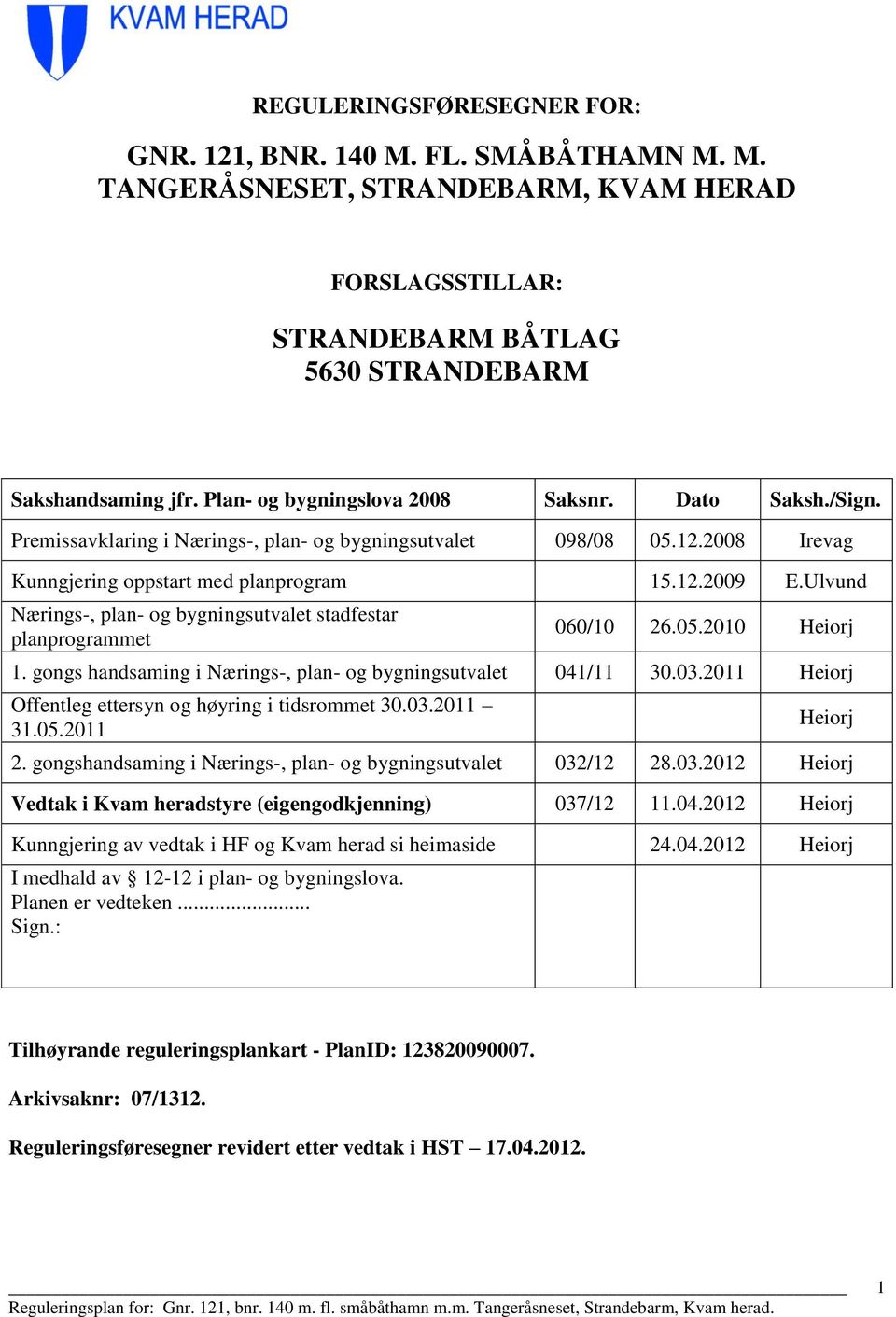 Ulvund Nærings-, plan- og bygningsutvalet stadfestar planprogrammet 060/10 26.05.2010 Heiorj 1. gongs handsaming i Nærings-, plan- og bygningsutvalet 041/11 30.03.