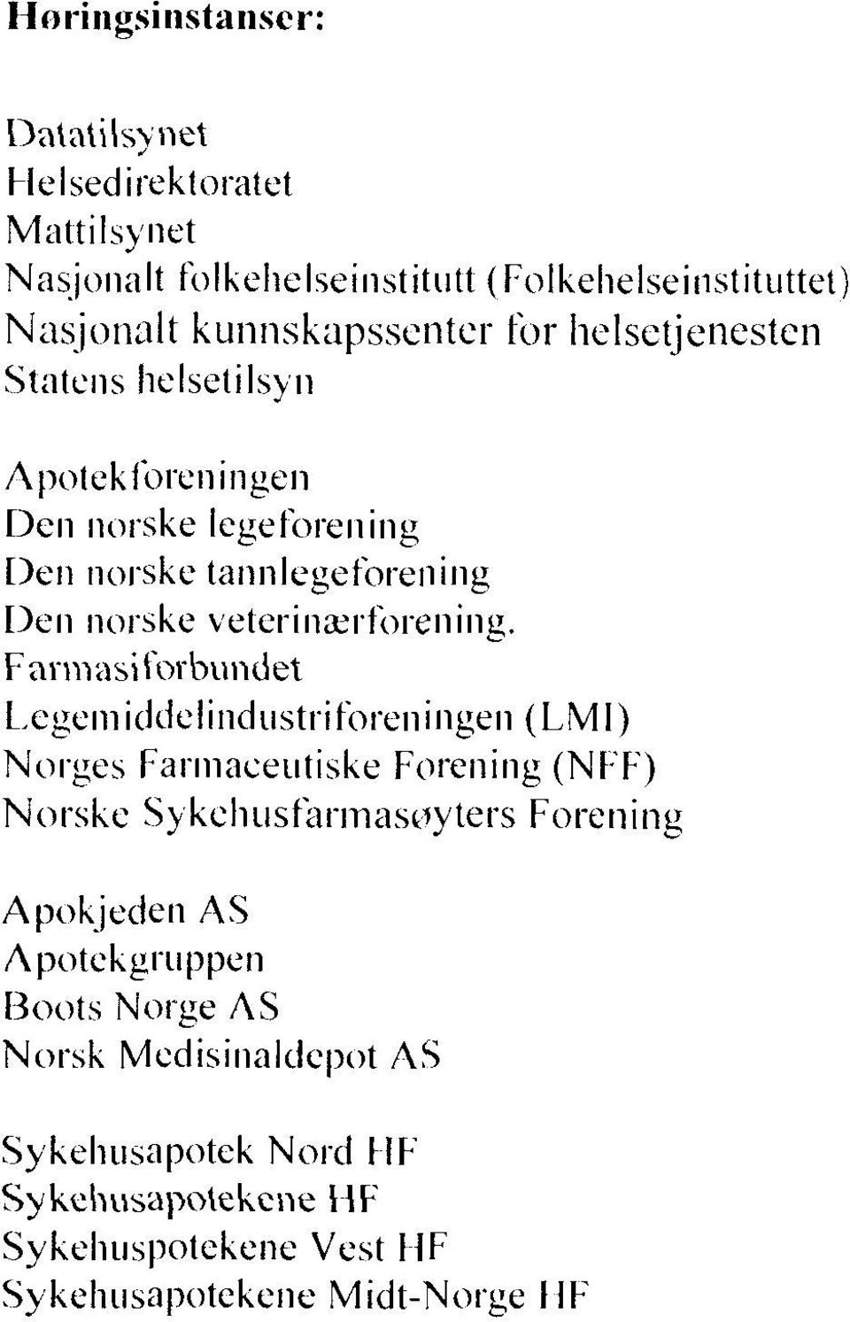 Farm asi forbundet Legen]iddelindustriforeningen (LMI) Norges Farmaeetitiske Forening (NFF) Norske Sykehtisfarinastiyters Forening Apokjedeii AS